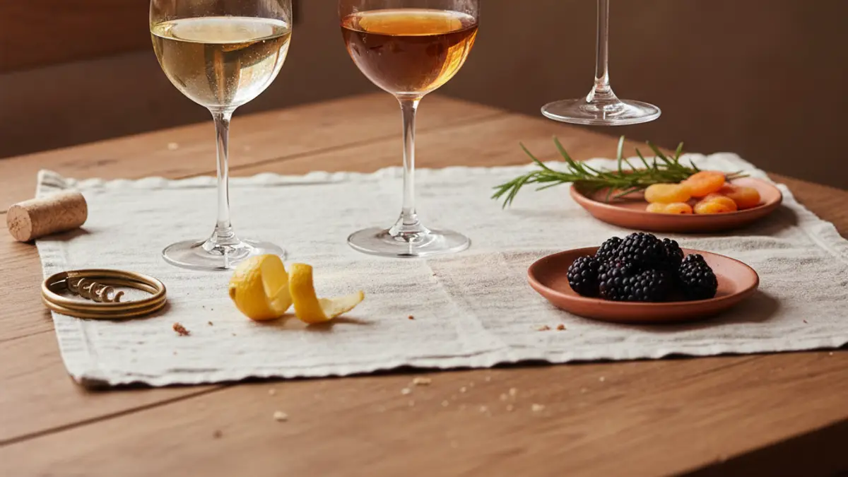 Three wines sit beside fruit, citrus peel, and herbs on a tasting table.
