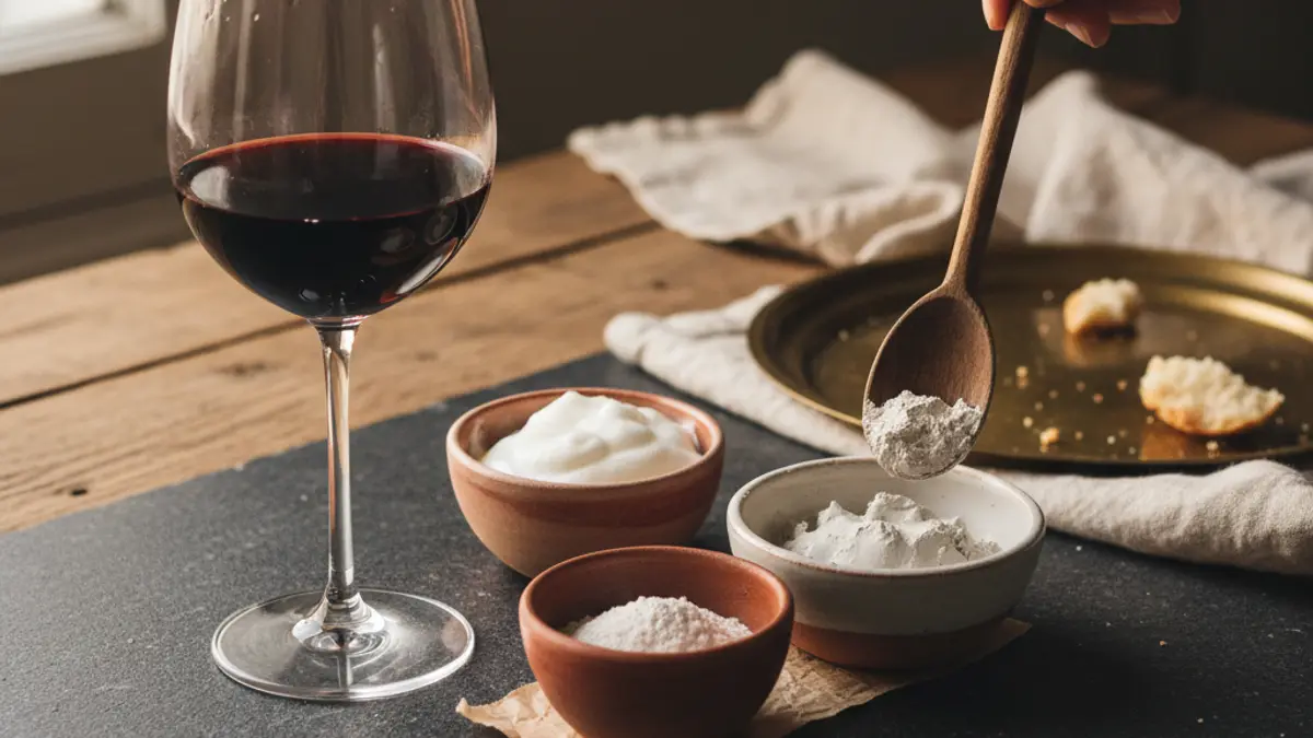 Small bowls of egg whites, gelatin, and bentonite sit beside red wine.