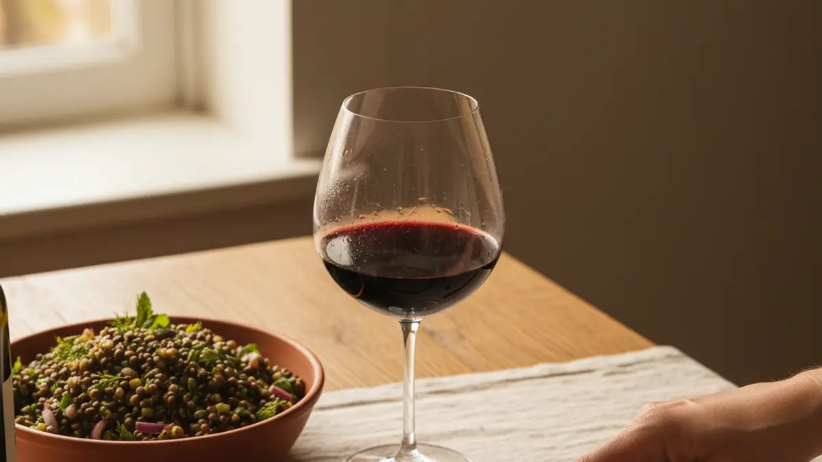 Grilled eggplant, lentil salad, and red wine arranged on a dining table.