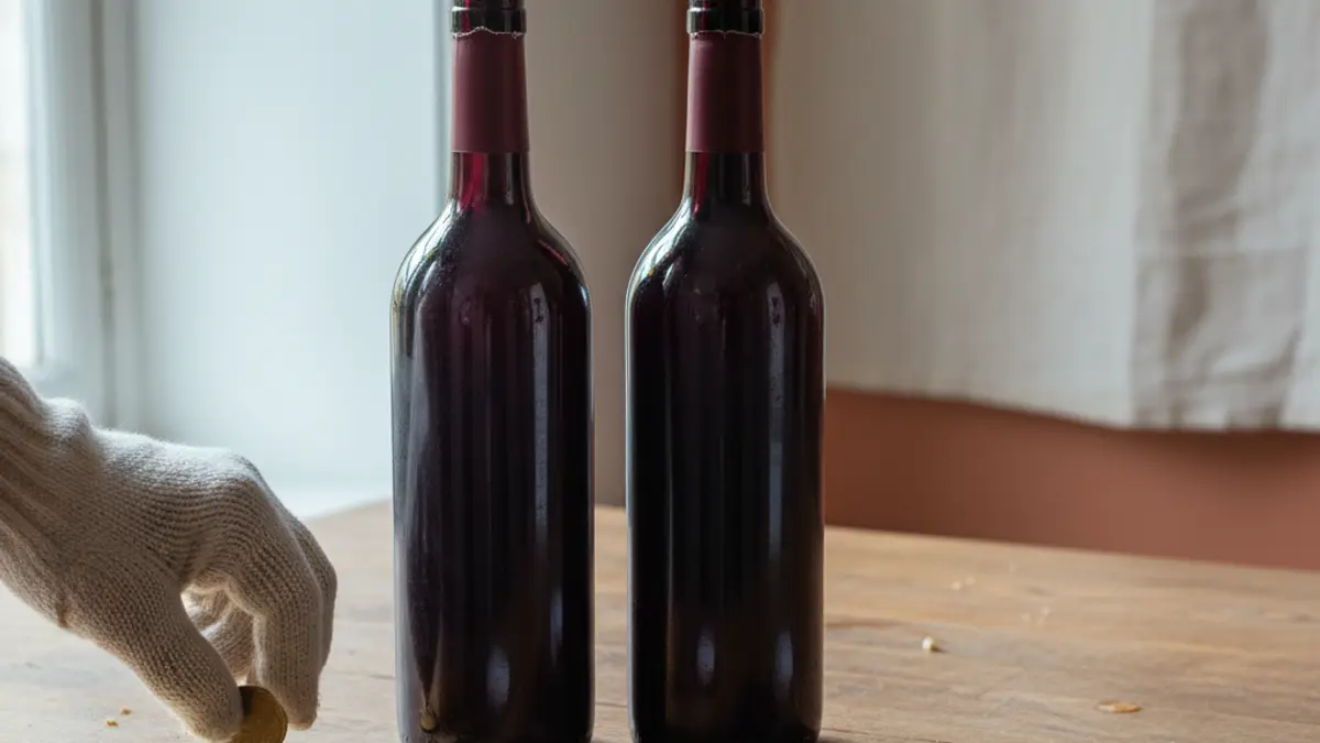 Two wine bottles beside different coin piles and blank tax seals on a counter