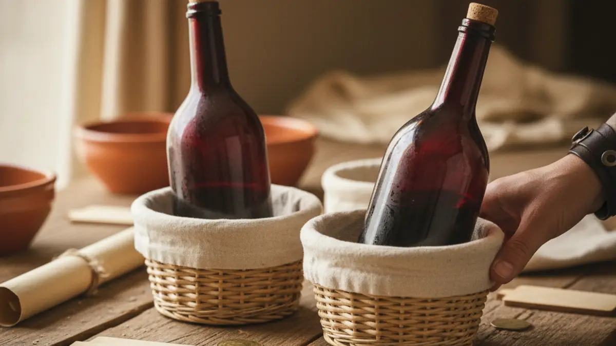 Identical wine bottles in baskets surrounded by different coins at a market table