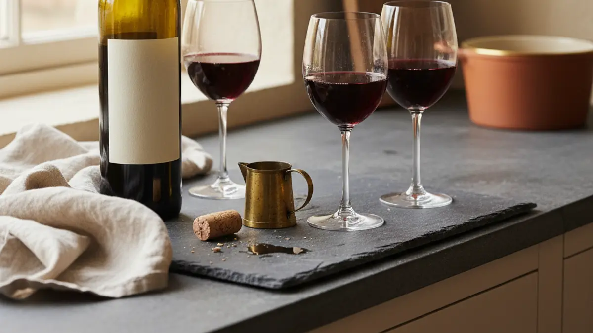 Wine bottle beside three filled glasses, a measuring jug, and a cork
