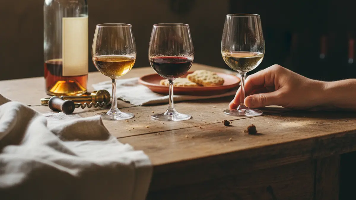 Fortified and dessert wines with an open bottle and corkscrew