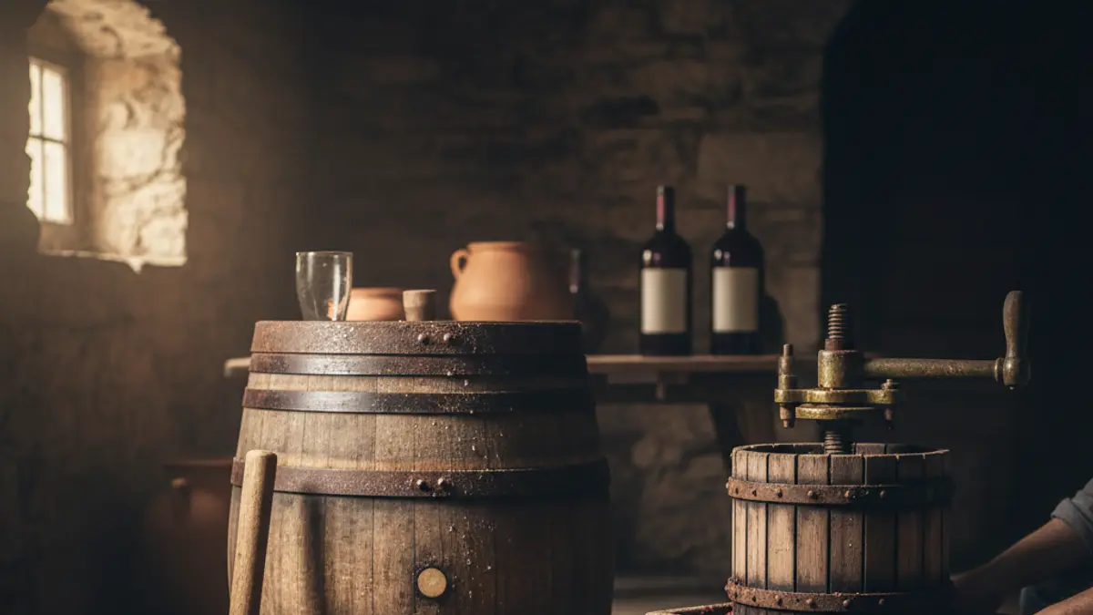 Historic winemaking tools and an oak barrel in a cool stone cellar