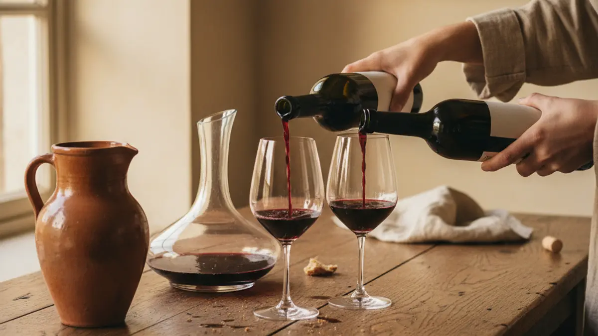 Two red wines poured from a clay jug and polished decanter for comparison
