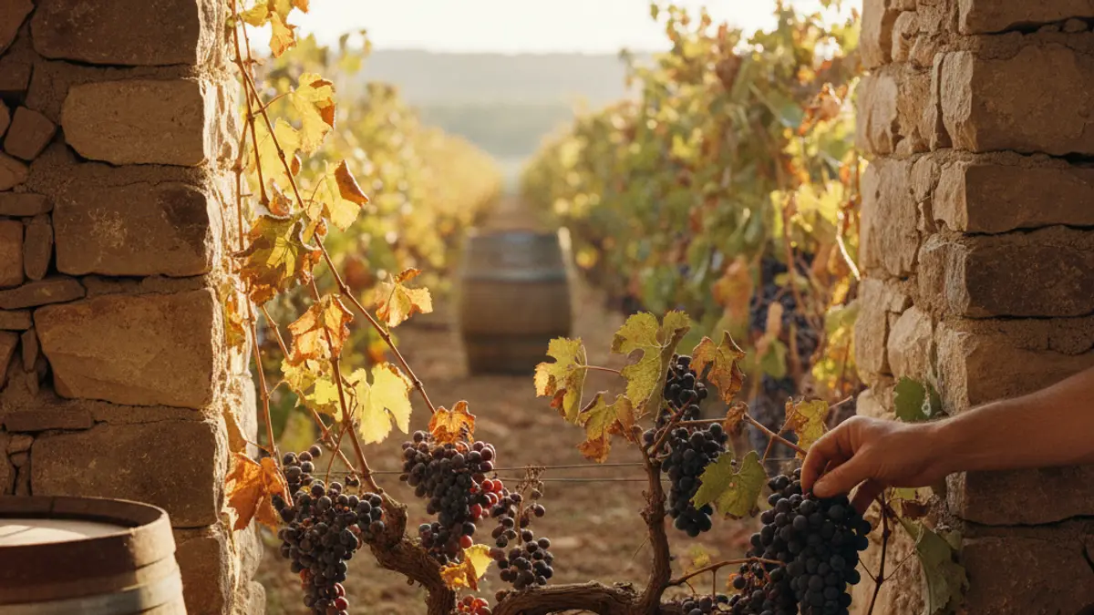 Sun-stressed grapevines beside irrigation tubing under intense afternoon light