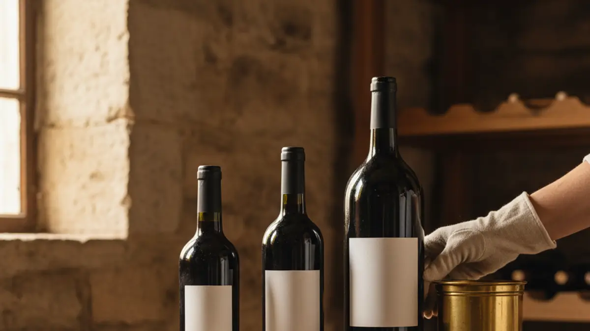 Different wine bottle sizes arranged beside a brass measuring cylinder on stone