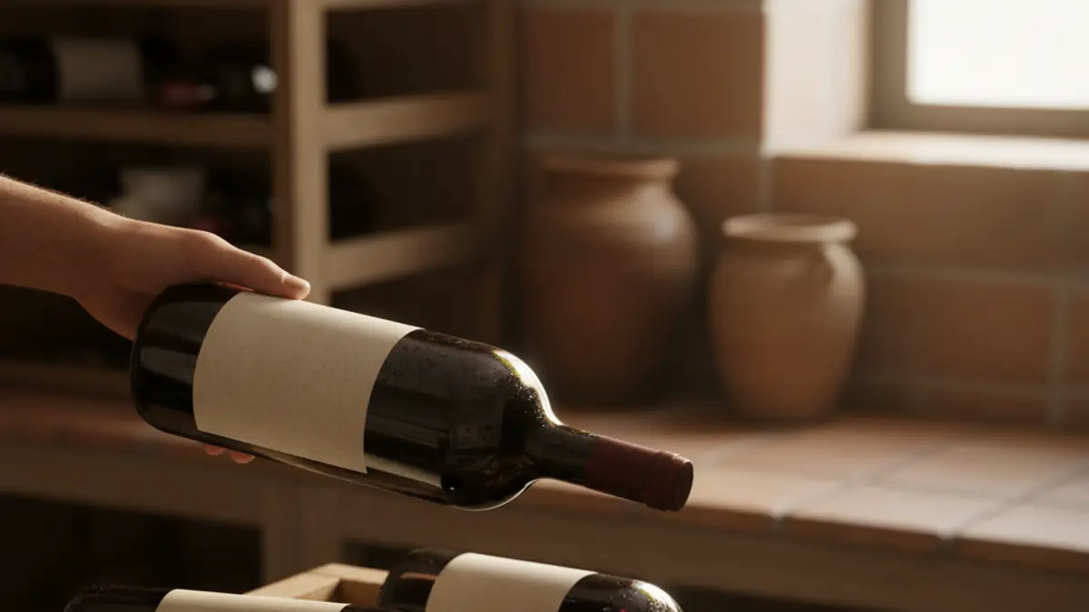 Magnum and standard wine bottles resting horizontally in a dim cellar