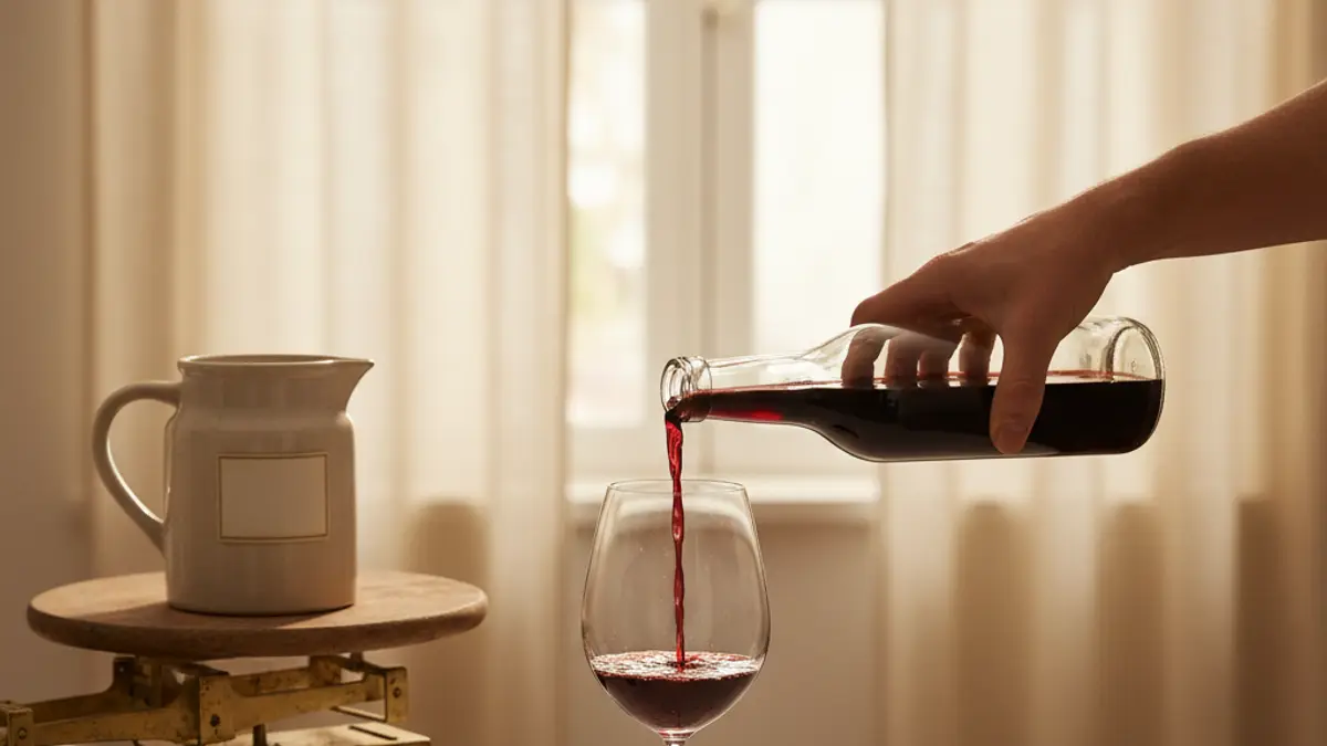 Hand measuring wine beside a glass, kitchen scale, measuring jug, and grapes.