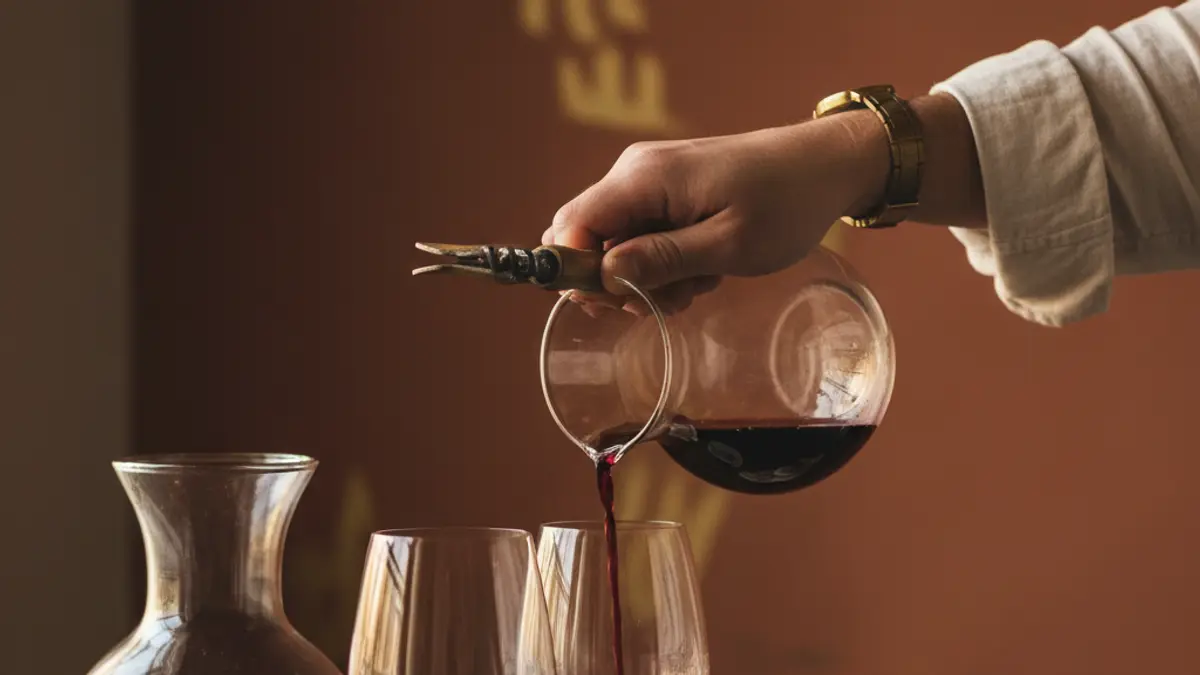 Hand pours different amounts into two stemmed wine glasses on a wooden table.