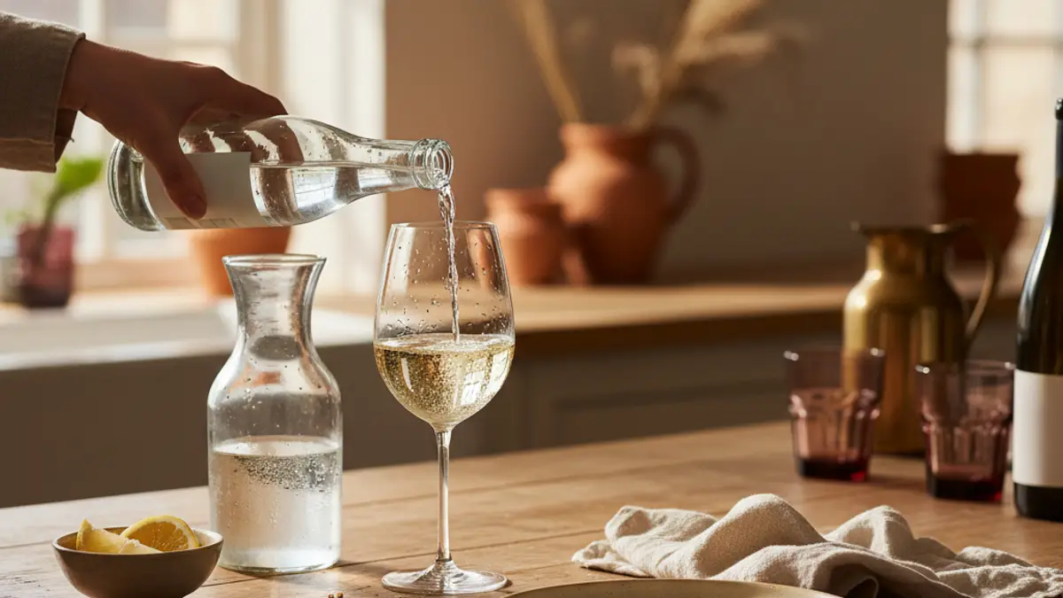 Hand adds sparkling water to a small white-wine glass beside citrus wedges.