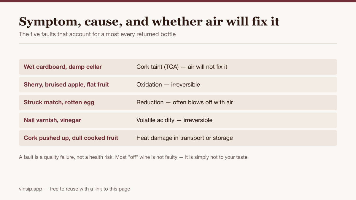Table mapping five wine fault symptoms to their dominant cause and whether aeration helps.