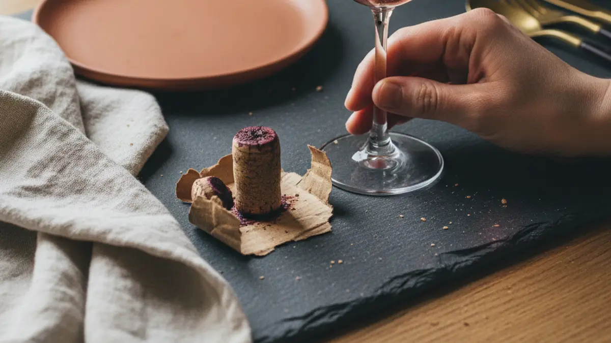 Wine glass, stained cork, and damp cardboard on a slate counter
