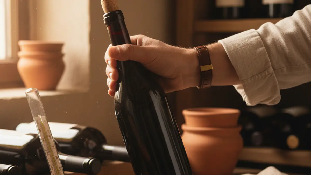 Pushed cork, sticky wine ring, and thermometer in a warm cellar