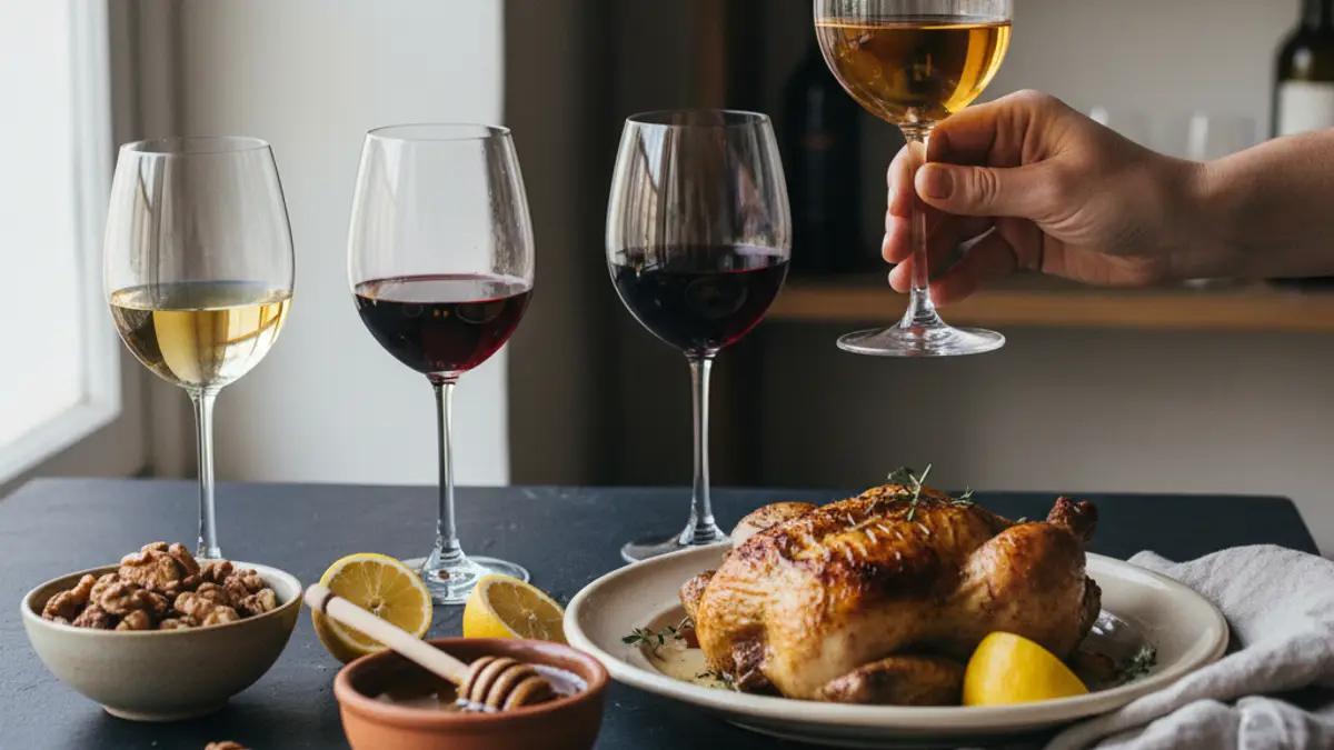 Four wine glasses beside lemon, walnuts, honey, and roast chicken on slate