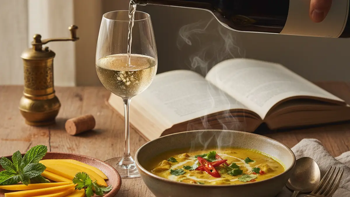 Thai curry, mango, herbs, and poured white wine on a kitchen table