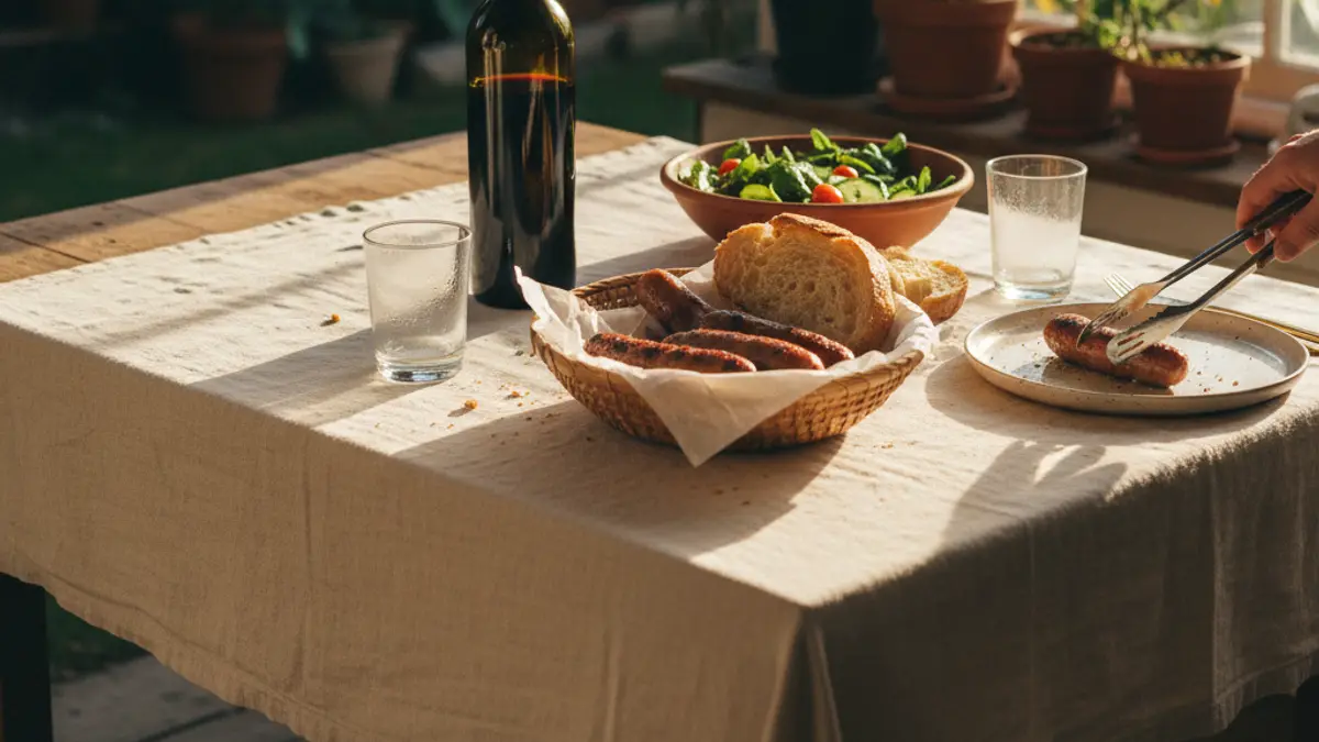 Backyard meal with grilled sausages, salad, bread, and red wine
