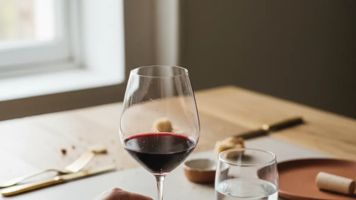 Hand swirling ruby wine in a tulip glass beside water and napkin
