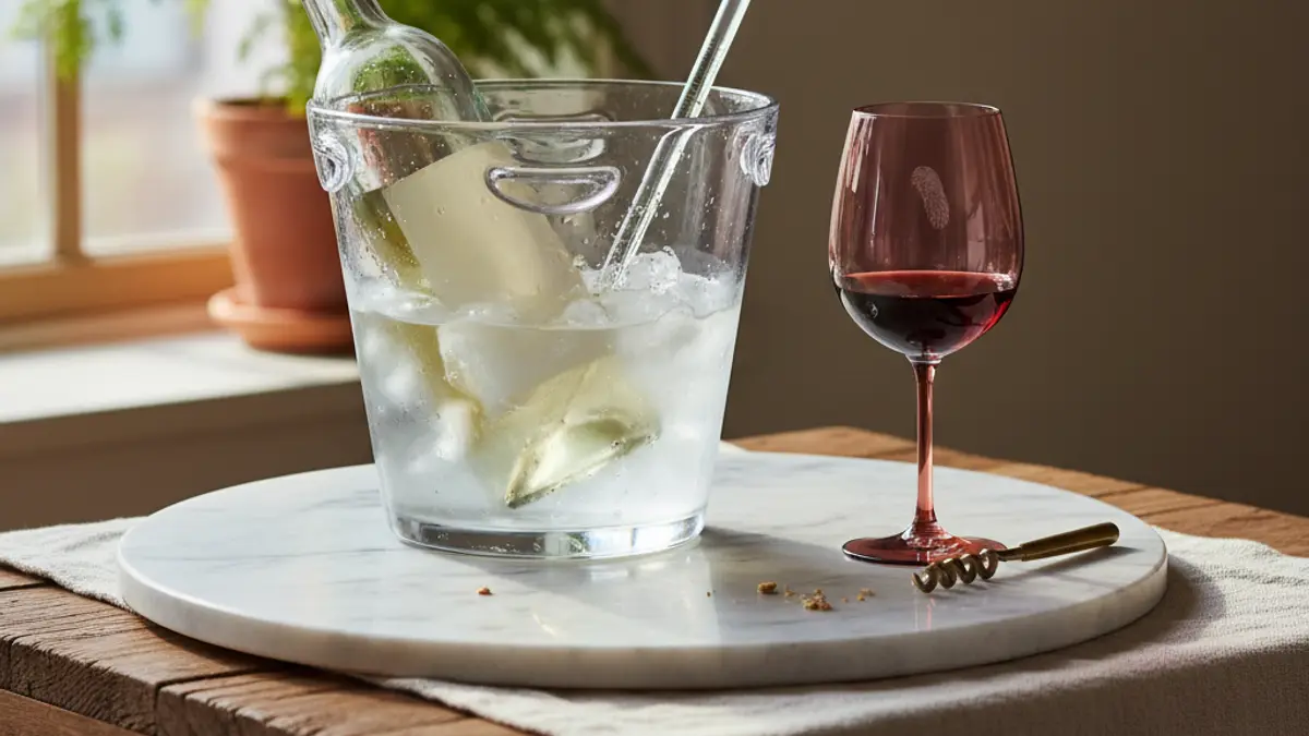Chilled white wine bottle beside ice bucket, glass, and thermometer