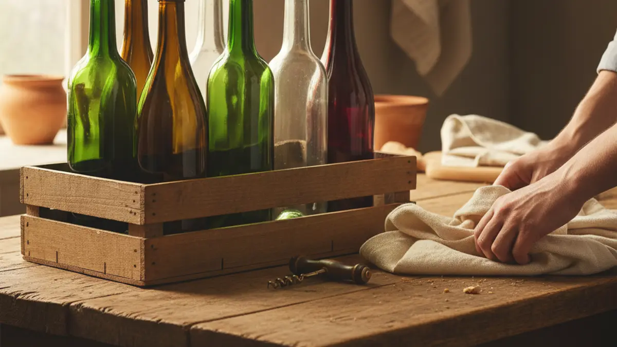 Six varied wine bottles arranged in a wooden crate with corkscrew