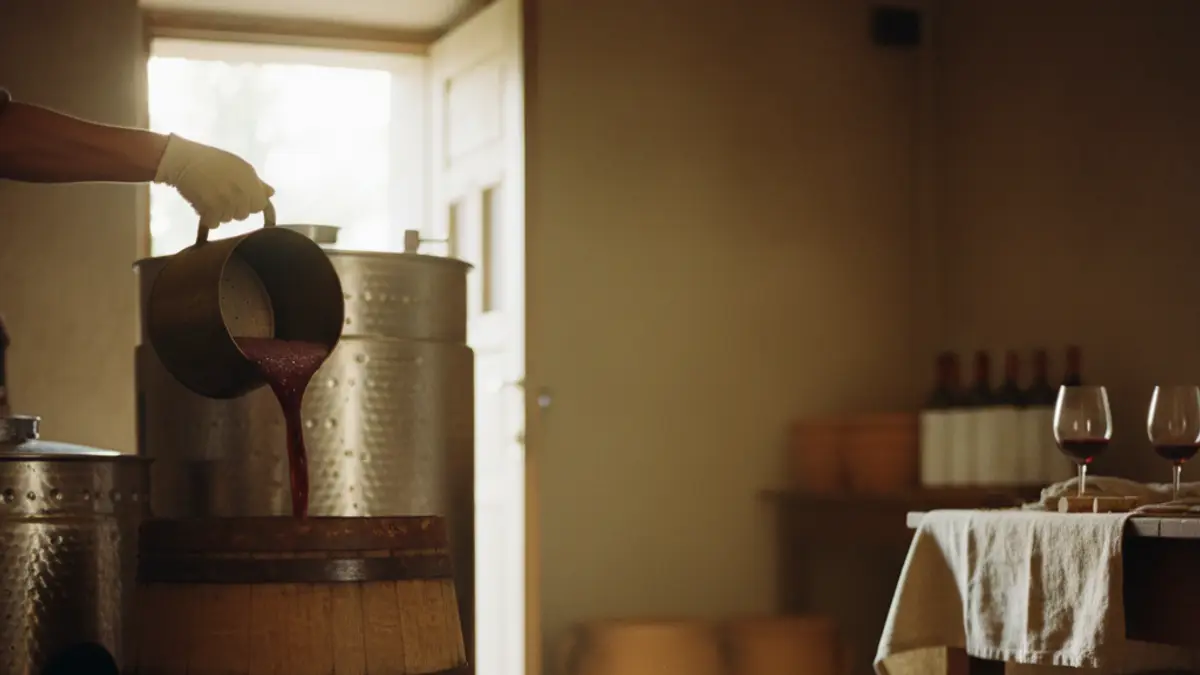 Gloved hand pouring grape juice beside an oak barrel and stainless-steel fermenter