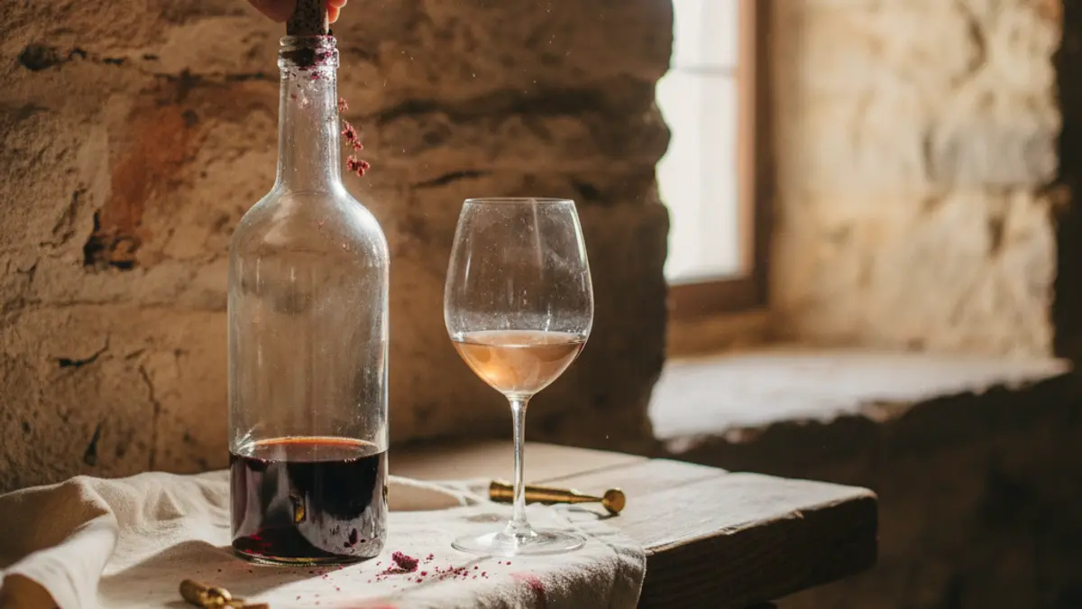 Hand removing a stained cork beside brown wine in a cellar