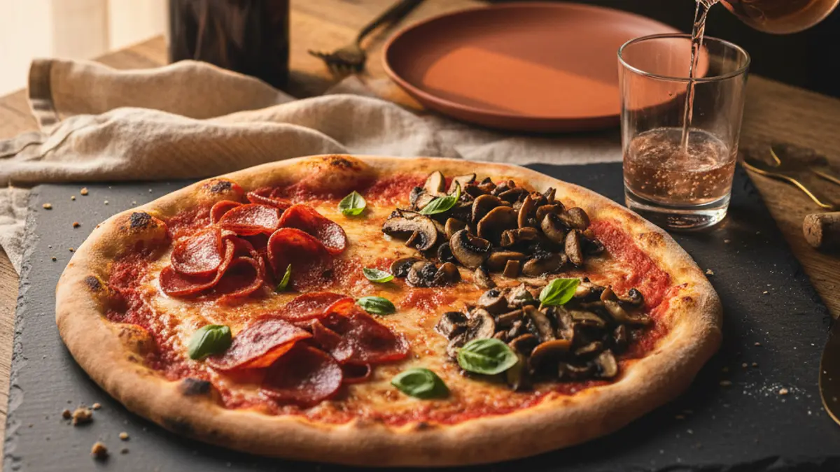 Thin-crust pizza with varied toppings beside pale red wine in a tumbler