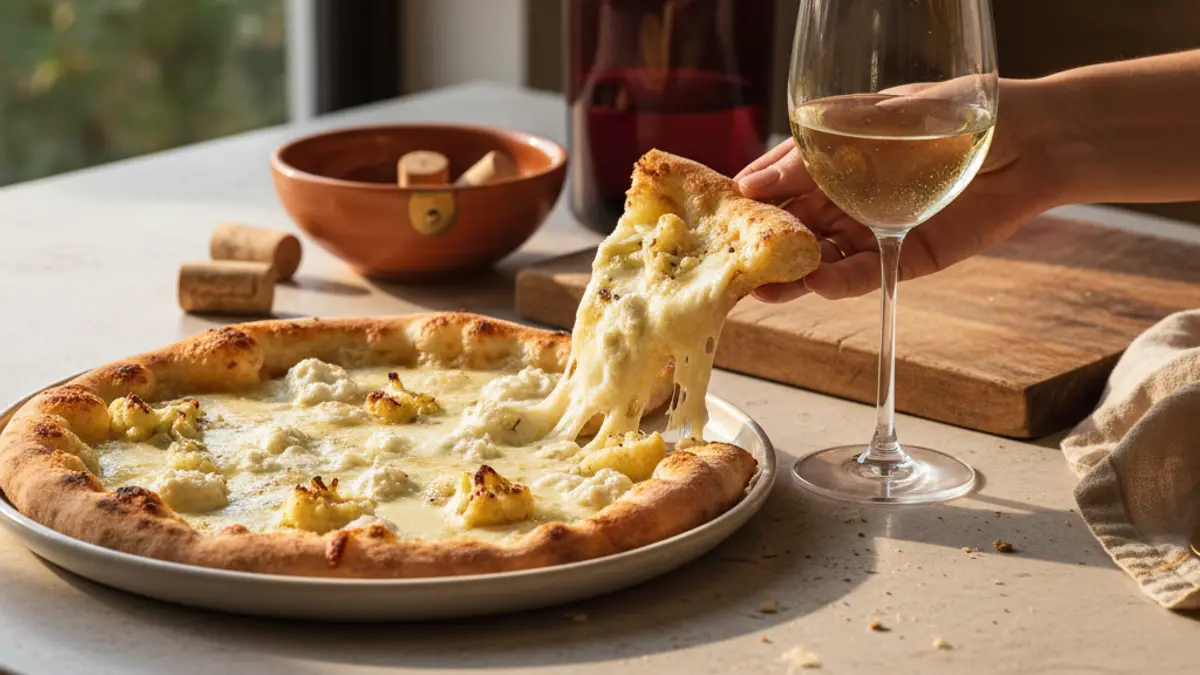 White-sauce pizza with melted cheese beside chilled white wine