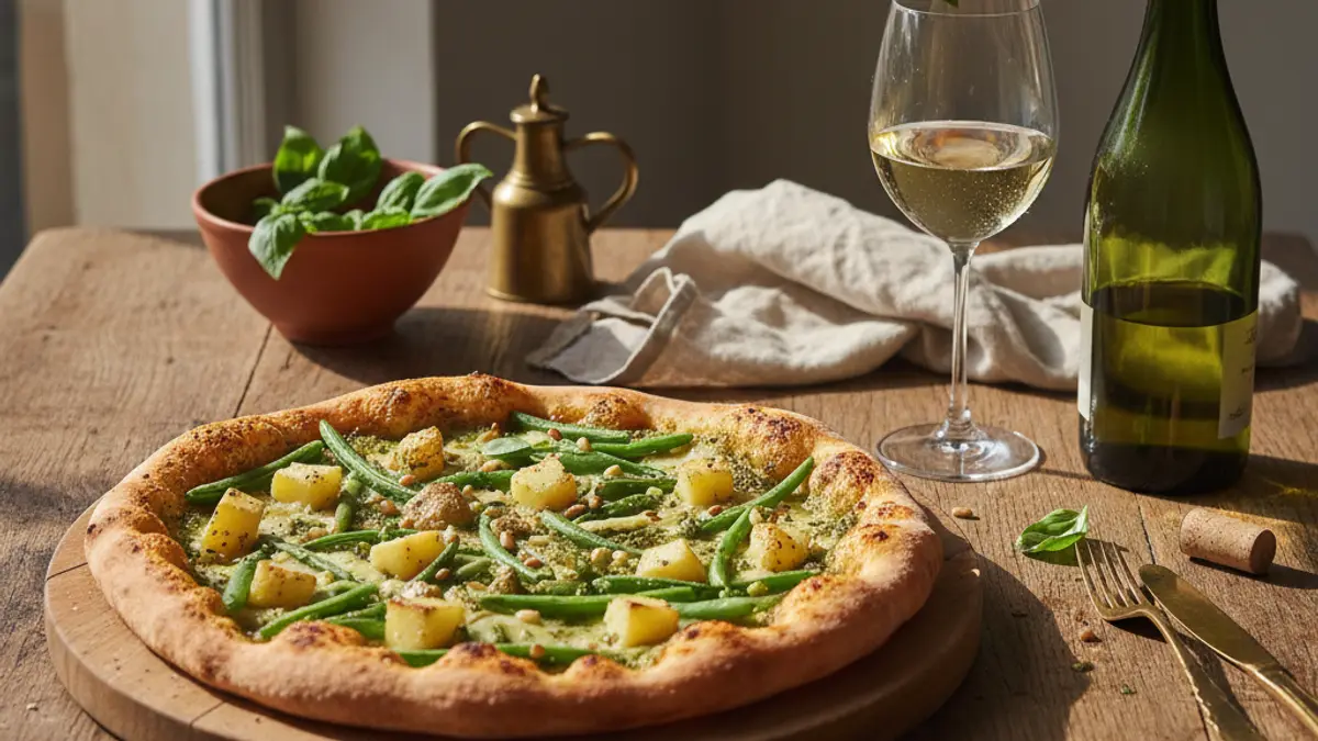 Pesto pizza with potatoes and green beans beside chilled white wine and basil