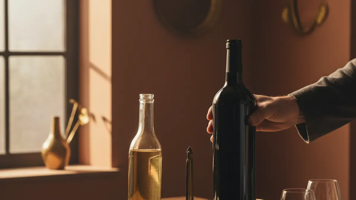 Fortified wine bottle and lighter wine bottle balanced on brass scales beside port glasses