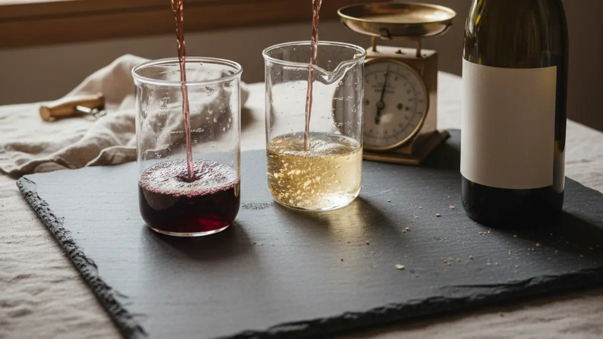 Hand pouring two differently colored wines into measuring glasses beside a bottle