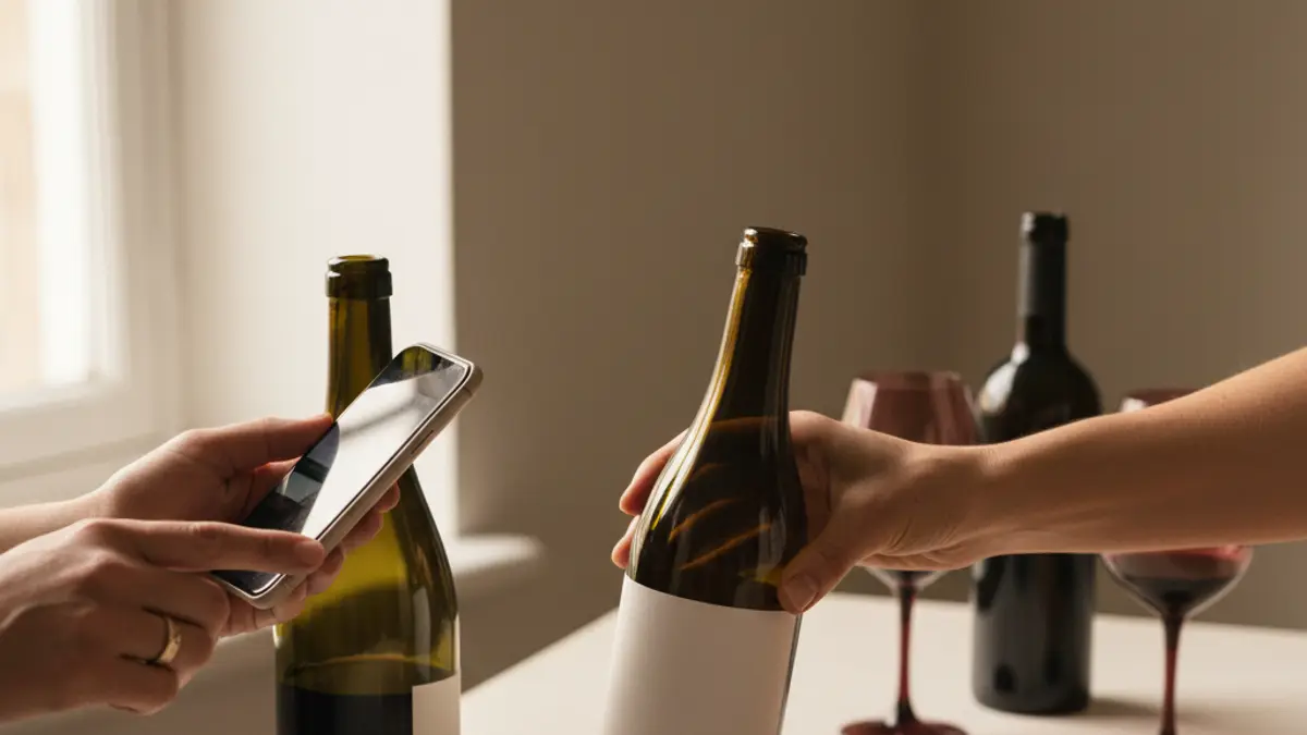 Smartphone scanning one wine bottle while another rests on scales beside coins