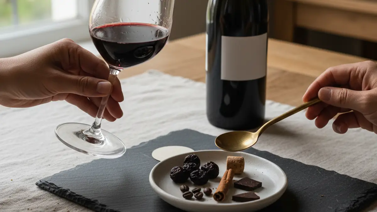 Hand swirling red wine beside aroma references and a tasting spoon