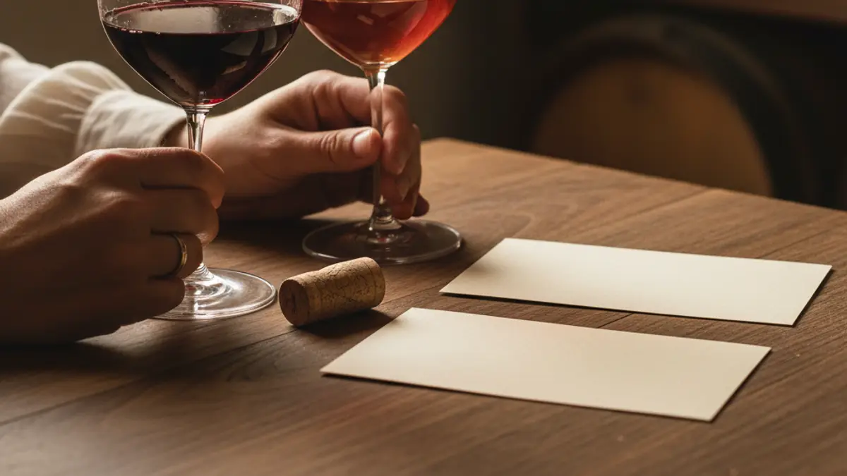 Hands comparing two red wines beside cork and blank tasting cards
