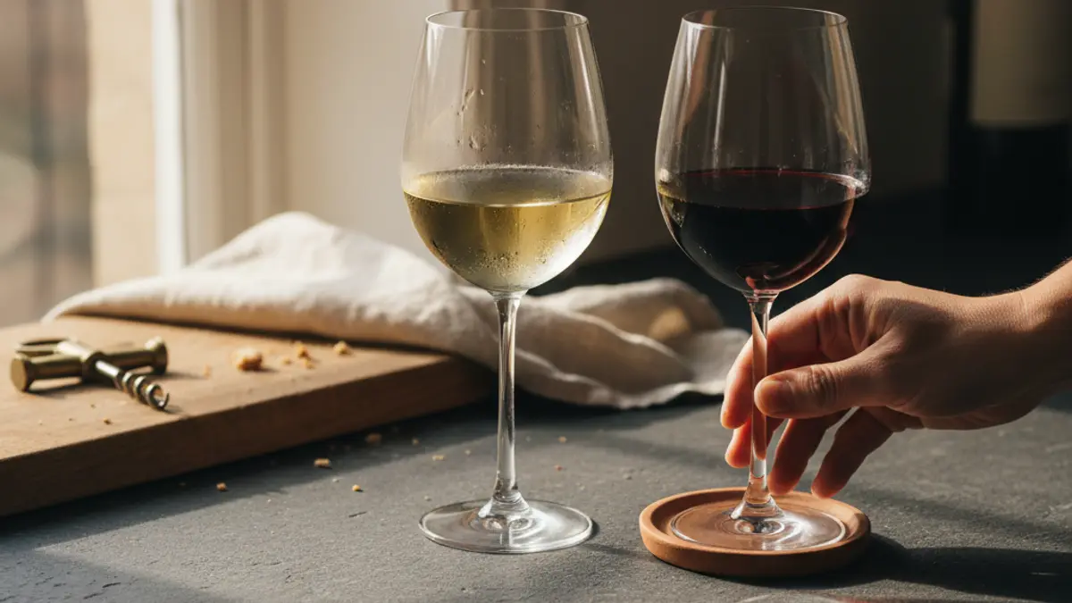 Two wine glasses show contrasting chilled and room-temperature pours on slate