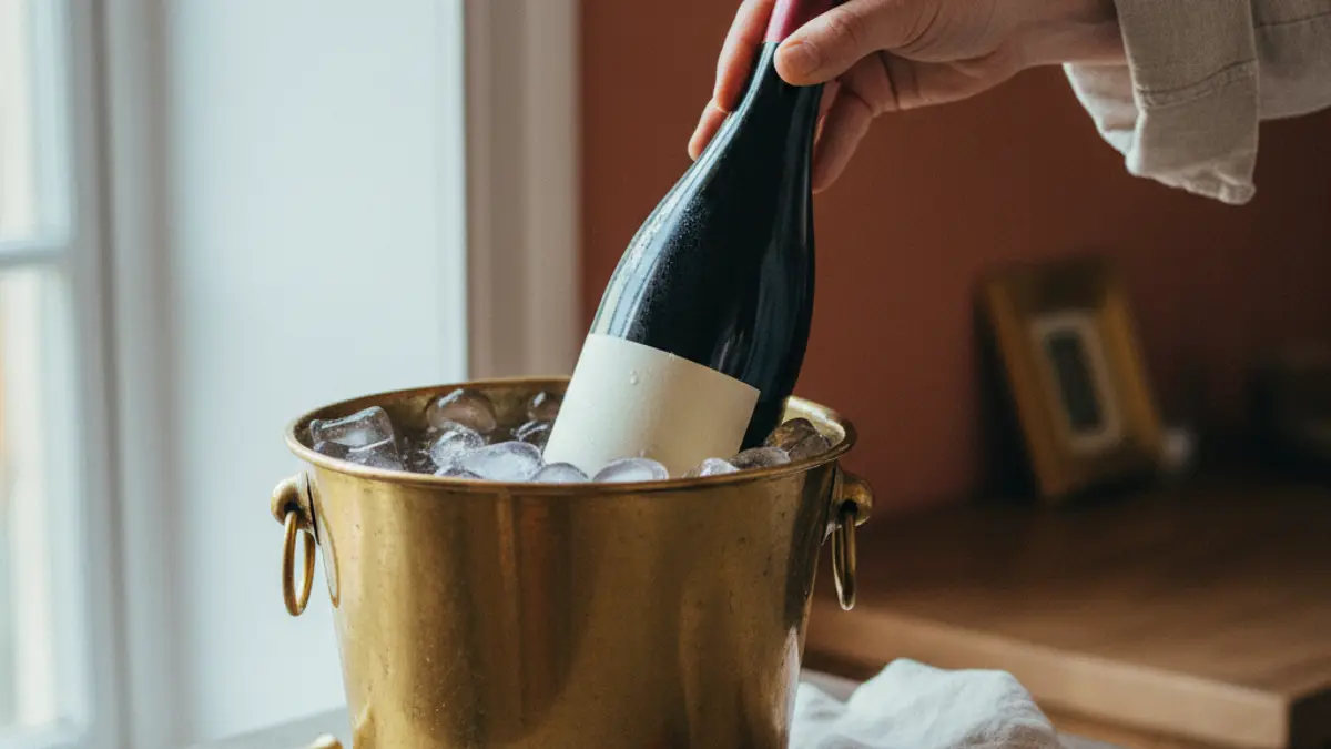 Hand places a red wine bottle into an ice-water bucket