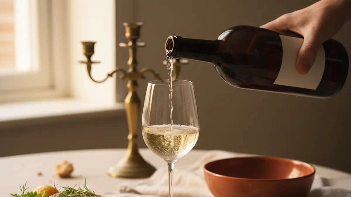 Roasted salmon sits beside a poured white wine glass