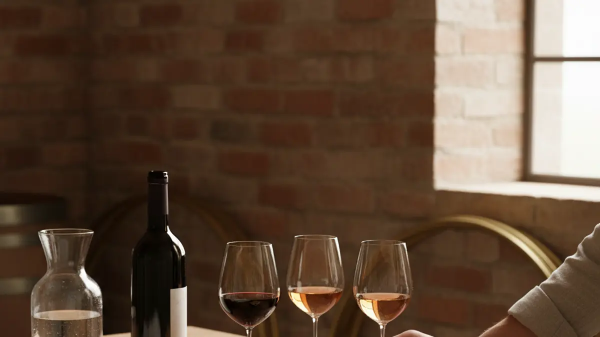 Three wine glasses, an open bottle, corkscrew, water, and crackers on a wooden table