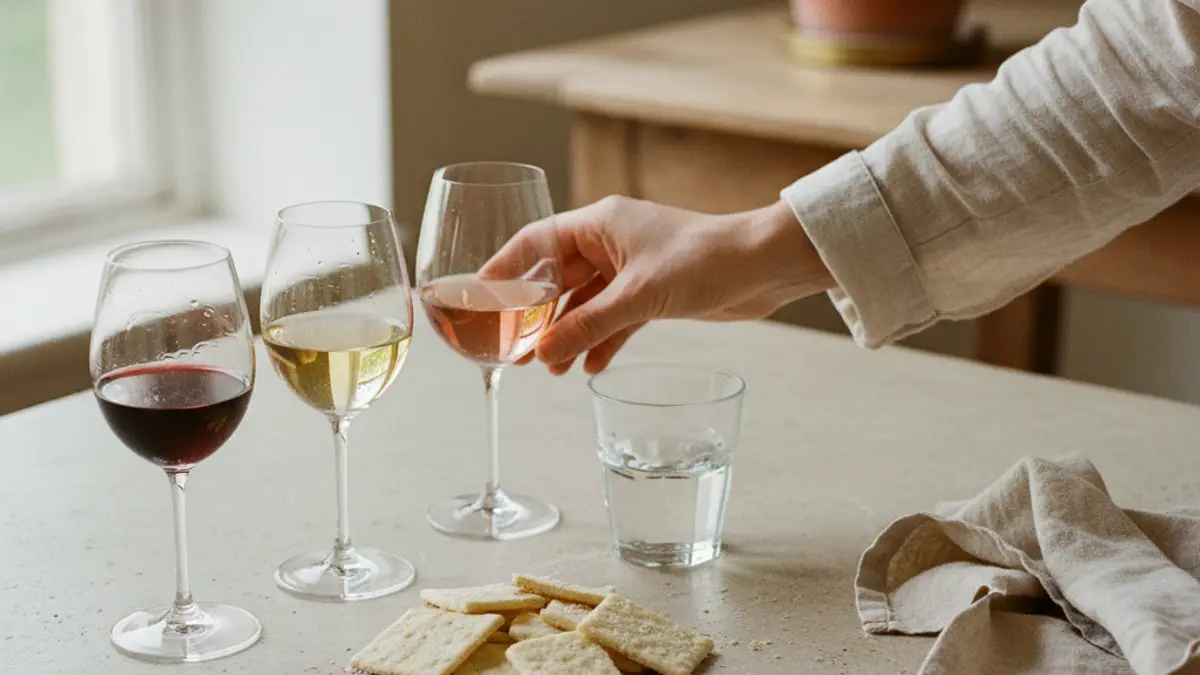 Hand lifting a wine glass beside water and crackers during a structured tasting