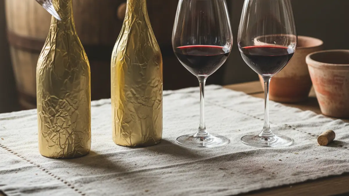 Three concealed wine bottles and identical glasses arranged for a blind tasting