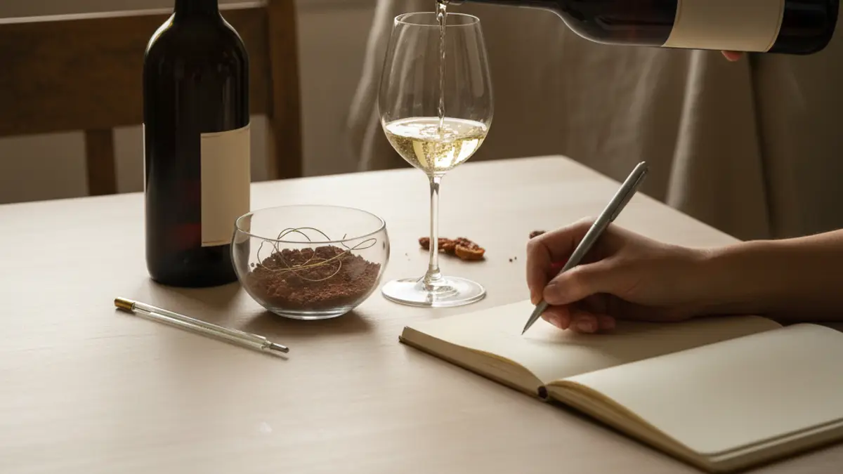 Hand recording wine observations beside bottle, cork, glass, aroma bowl, and thermometer