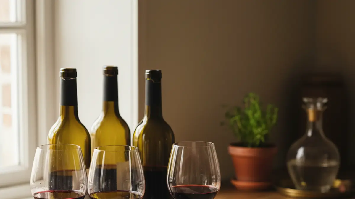 Hand grouping similar red wines beside three tasting glasses and bottles