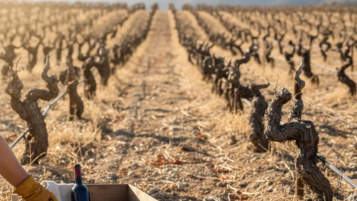 Gnarled Zinfandel vines grow across a sunny, gravelly vineyard slope
