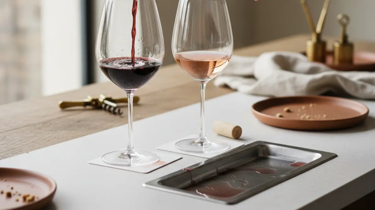 A hand pours red Zinfandel beside pale pink wine in two glasses