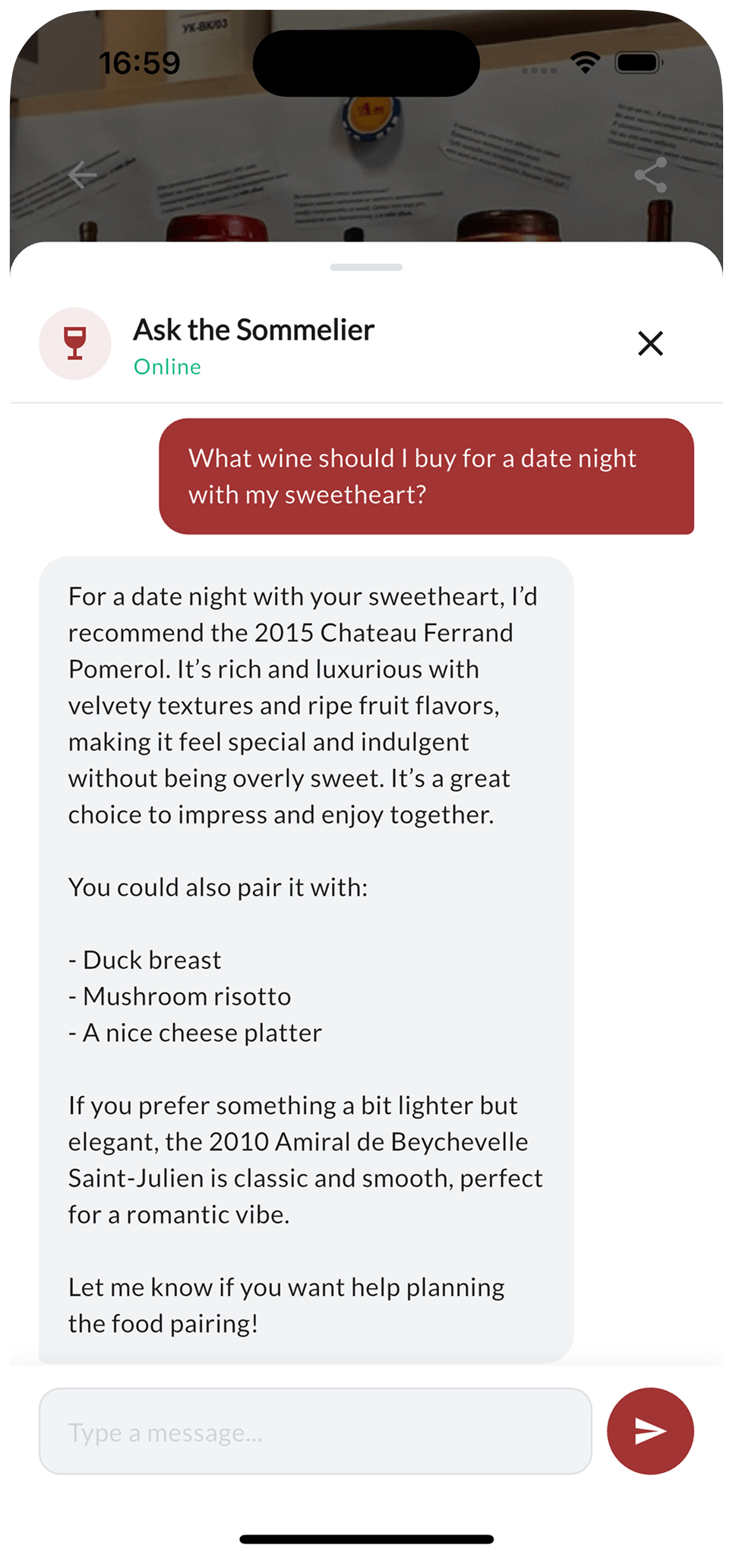 VinSip AI sommelier chat