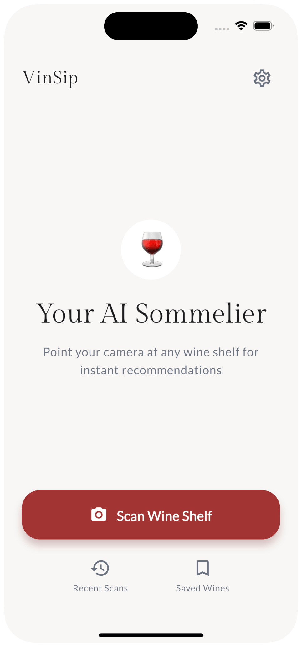 VinSip home screen — Your AI Sommelier with Scan button