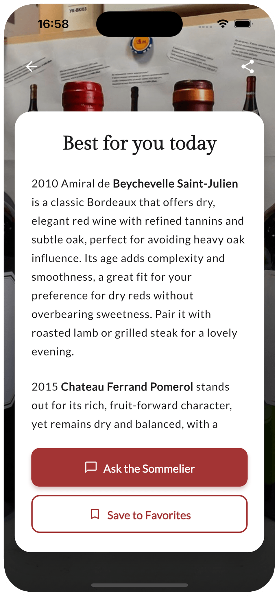 VinSip wine results screen — personalized wine recommendations ranked by match score